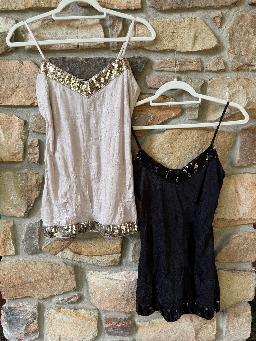 NWT & EUC Arden B Sequin-Trim Cami Tops in Black and Light Taupe